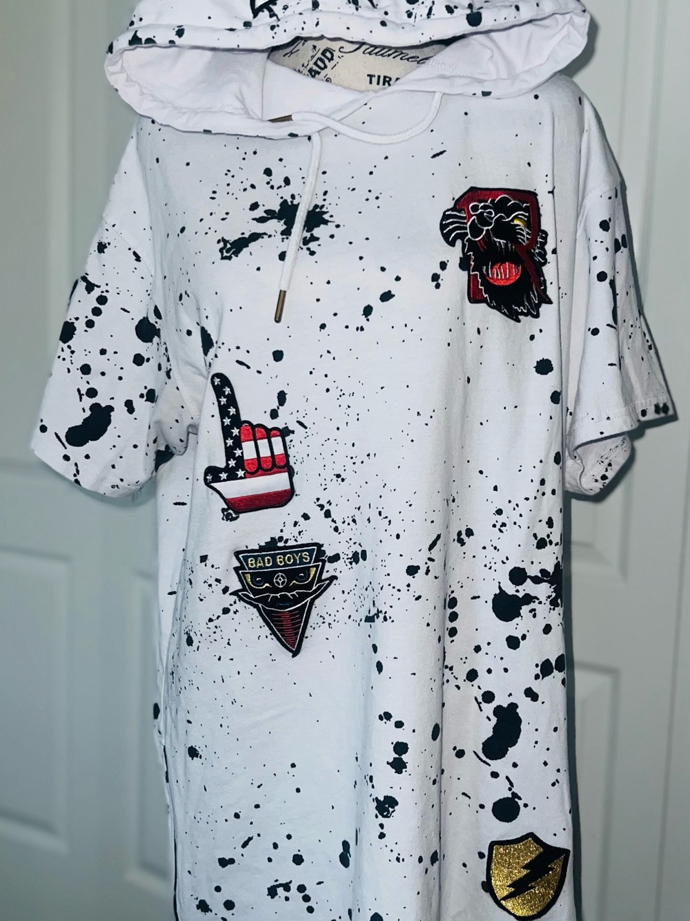 White Paint-Splatter Hoodie Tee with Graphic Patches